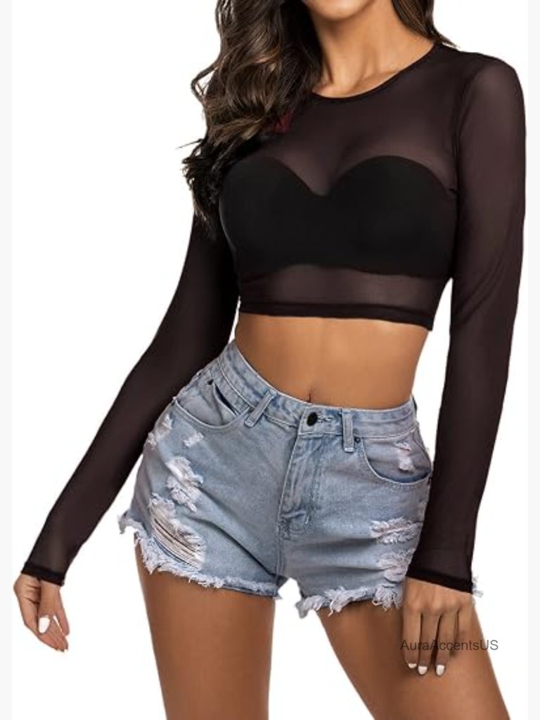 Mesh Long Sleeve Crop Top Sheer Tee Y2k See Through Clubwear